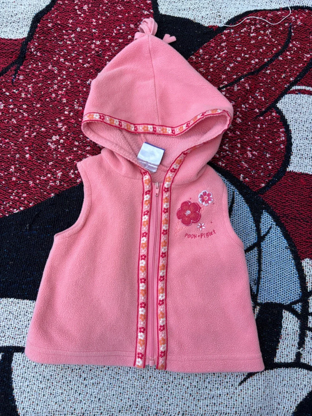 VTG DISNEY PEACH PINK POOH PIGLET FLEECE ZIP UP HOODED VEST SIZE 9 MONTHS